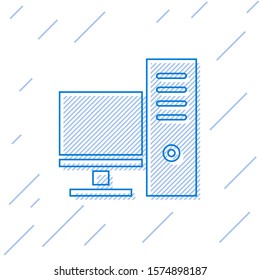 Blue line Computer monitor icon isolated on white background. PC component sign.  Vector Illustration