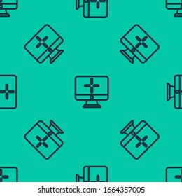 Blue line Computer monitor icon isolated seamless pattern on green background. PC component sign.  Vector Illustration