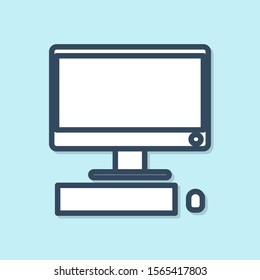 Blue line Computer monitor with keyboard and mouse icon isolated on blue background. PC component sign.  Vector Illustration