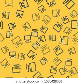 Blue line Computer monitor with keyboard and mouse icon isolated seamless pattern on yellow background. PC component sign.  Vector Illustration