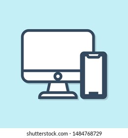 Blue line Computer monitor and mobile phone icon isolated on blue background. Earnings in the Internet, marketing.  Vector Illustration