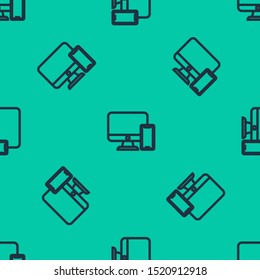 Blue line Computer monitor and mobile phone icon isolated seamless pattern on green background. Earnings in the Internet, marketing.  Vector Illustration