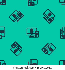 Blue line Computer monitor with mobile phone and bitcoin icon isolated seamless pattern on green background. Online shopping concept. Earnings in the Internet.  Vector Illustration
