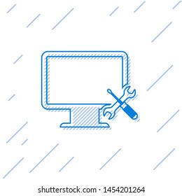 Blue line Computer monitor with screwdriver and wrench icon isolated on white background. Adjusting, service, setting, maintenance, repair, fixing.  Vector Illustration