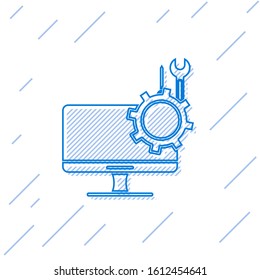 Blue line Computer monitor with screwdriver and wrench icon isolated on white background. Adjusting, service, setting, maintenance, repair.  Vector Illustration