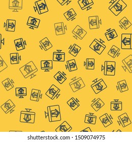Blue line Computer monitor with smart house and light bulb icon isolated seamless pattern on yellow background.  Vector Illustration
