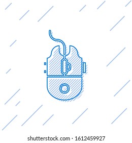 Blue line Computer mouse gaming icon isolated on white background. Optical with wheel symbol.  Vector Illustration