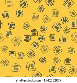 Blue line Computer PC monitor display with HD video technology icon isolated seamless pattern on yellow background.  Vector Illustration