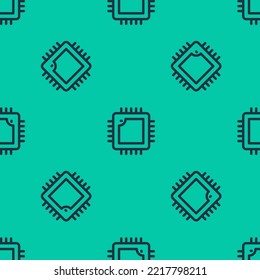 Blue line Computer processor with microcircuits CPU icon isolated seamless pattern on green background. Chip or cpu with circuit board. Micro processor.  Vector