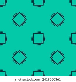 Blue line Computer processor with microcircuits CPU icon isolated seamless pattern on green background. Chip or cpu with circuit board sign. Micro processor.  Vector Illustration