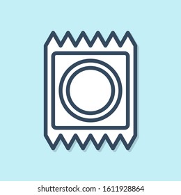 Blue line Condom in package icon isolated on blue background. Safe love symbol. Contraceptive method for male.  Vector Illustration