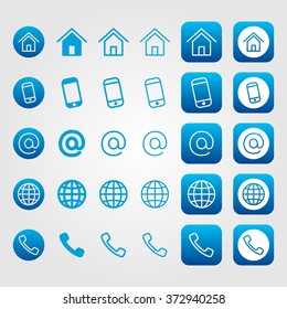 Blue line contact icon set for business cards - home/address, mobile, email, webpage, phone