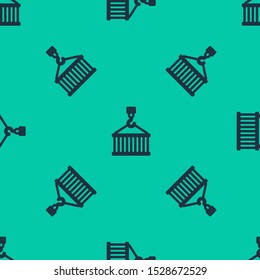 Blue line Container on crane icon isolated seamless pattern on green background. Crane lifts a container with cargo.  Vector Illustration