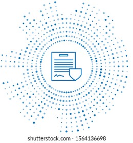 Blue line Contract with shield icon isolated on white background. Insurance concept. Security, safety, protection, protect concept. Abstract circle random dots. Vector Illustration