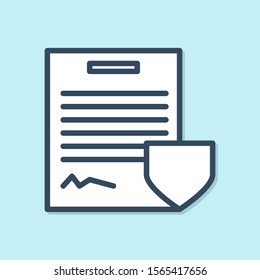 Blue line Contract with shield icon isolated on blue background. Insurance concept. Security, safety, protection, protect concept.  Vector Illustration