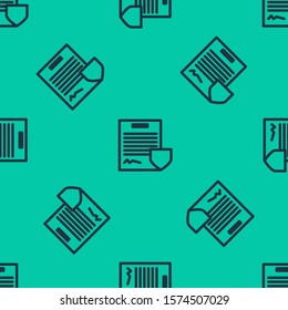 Blue line Contract with shield icon isolated seamless pattern on green background. Insurance concept. Security, safety, protection, protect concept.  Vector Illustration