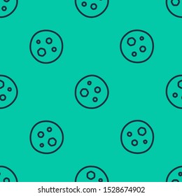 Blue line Cookie or biscuit with chocolate icon isolated seamless pattern on green background.  Vector Illustration