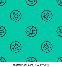Blue line Cookie or biscuit with chocolate icon isolated seamless pattern on green background.  Vector Illustration