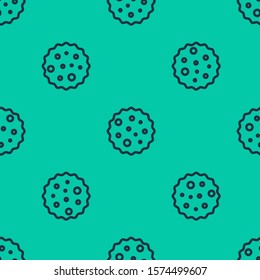 Blue line Cookie or biscuit with chocolate icon isolated seamless pattern on green background.  Vector Illustration