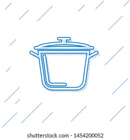 Blue line Cooking pot icon isolated on white background. Boil or stew food symbol.  Vector Illustration