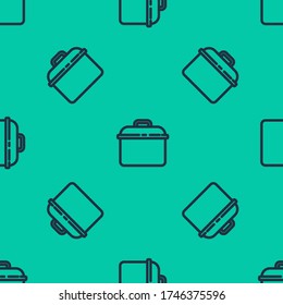 Blue line Cooking pot icon isolated seamless pattern on green background. Boil or stew food symbol.  Vector