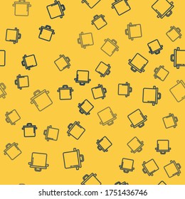 Blue line Cooking pot icon isolated seamless pattern on yellow background. Boil or stew food symbol.  Vector