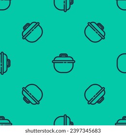 Blue line Cooking pot icon isolated seamless pattern on green background. Boil or stew food symbol.  Vector