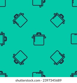 Blue line Cooking pot icon isolated seamless pattern on green background. Boil or stew food symbol.  Vector