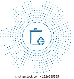 Blue line Cooking pot and kitchen timer icon isolated on white background. Boil or stew food symbol. Abstract circle random dots. Vector Illustration