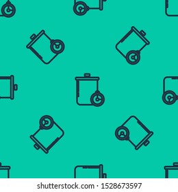 Blue line Cooking pot and kitchen timer icon isolated seamless pattern on green background. Boil or stew food symbol.  Vector Illustration