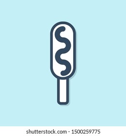 Blue line Corn dog icon isolated on blue background. Traditional american fast food.  Vector Illustration