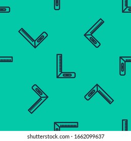 Icono de la regla de la esquina azul aislado sin fisuras en fondo verde. Setsquare, regla angular, carpintería, medida utensil, escala. Ilustración vectorial