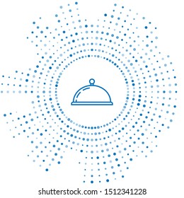 Blue line Covered with a tray of food icon isolated on white background. Tray and lid sign. Restaurant cloche with lid. kitchenware symbol. Abstract circle random dots. Vector Illustration