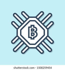 Blue line CPU mining farm icon isolated on blue background. Bitcoin sign inside processor. Cryptocurrency mining community. Digital money.  Vector Illustration