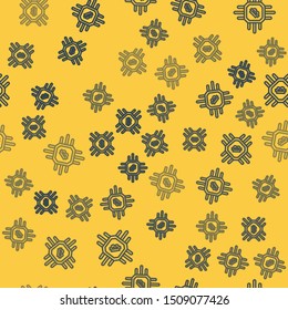 Blue line CPU mining farm icon isolated seamless pattern on yellow background. Bitcoin sign inside processor. Cryptocurrency mining community. Digital money.  Vector Illustration