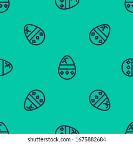 Blue line Cracked egg icon isolated seamless pattern on green background. Happy Easter.  Vector Illustration