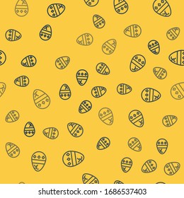 Blue line Cracked egg icon isolated seamless pattern on yellow background. Happy Easter.  Vector Illustration