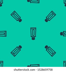 Blue line Cream or lotion cosmetic tube icon isolated seamless pattern on green background. Body care products for men.  Vector Illustration