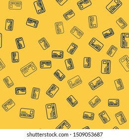 Blue line Credit card icon isolated seamless pattern on yellow background. Online payment. Cash withdrawal. Financial operations. Shopping sign.  Vector Illustration
