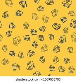Blue line Credit card icon isolated seamless pattern on yellow background. Online payment. Cash withdrawal. Financial operations. Shopping sign.  Vector Illustration
