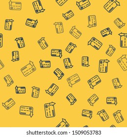 Blue line Credit card icon isolated seamless pattern on yellow background. Online payment. Cash withdrawal. Financial operations. Shopping sign.  Vector Illustration