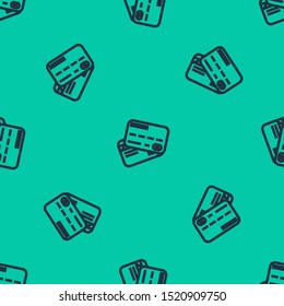 Blue line Credit card icon isolated seamless pattern on green background. Online payment. Cash withdrawal. Financial operations. Shopping sign.  Vector Illustration