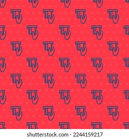 Tarjeta de crédito de línea azul insertada en el icono del lector de tarjetas aislado patrón sin fisuras en el fondo rojo. cajero automático.  Vector