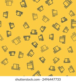 Blue line Credit card inserted in card reader icon isolated seamless pattern on yellow background. ATM cash machine.  Vector