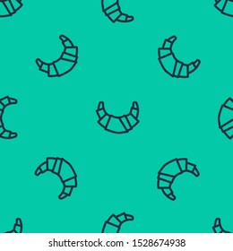 Blue line Croissant icon isolated seamless pattern on green background.  Vector Illustration