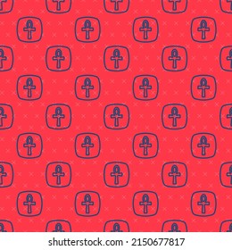 Blue line Cross ankh icon isolated seamless pattern on red background. Egyptian word for life or symbol of immortality.  Vector