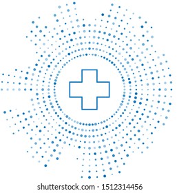 Blue line Cross hospital medical icon isolated on white background. First aid. Diagnostics symbol. Medicine and pharmacy sign. Abstract circle random dots. Vector Illustration