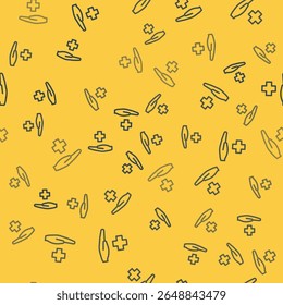 Blue line Cross hospital medical icon isolated seamless pattern on yellow background. First aid. Diagnostics symbol. Medicine and pharmacy sign.  Vector Illustration