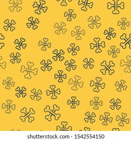 Blue line Crossed bones icon isolated seamless pattern on yellow background. Pets food symbol. Happy Halloween party.  Vector Illustration