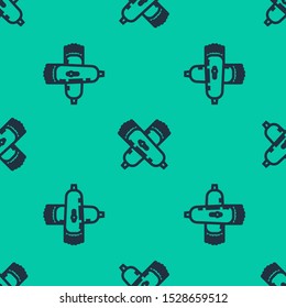 Blue line Crossed electrical hair clipper or shaver icon isolated seamless pattern on green background. Barbershop symbol.  Vector Illustration
